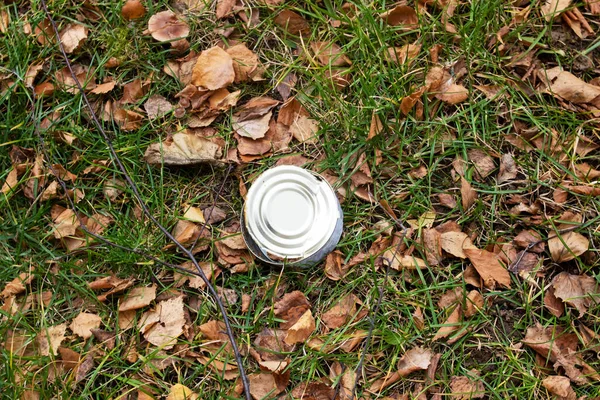 Lata Lata Grama Perto Poluição Ambiental — Fotografia de Stock