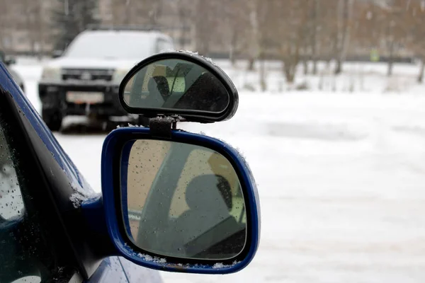 Additional Side Mirror Car Close Winter — Zdjęcie stockowe