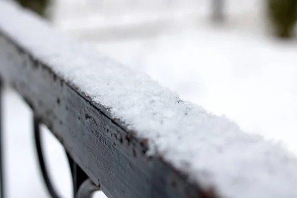 Snow Black Wrought Iron Railing Close — стоковое фото