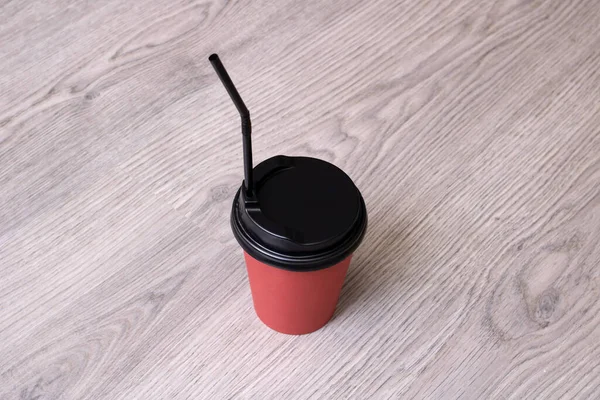 Red Paper Cup Coffee Wooden Table Close — Stock Photo, Image