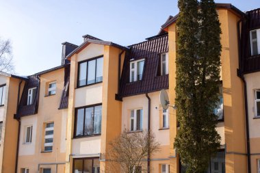 Yüksek bir binanın pencereleri ve yakınlardaki bir ağacın.