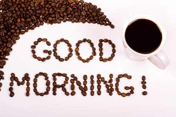 좋은 아침 작성 된 cu 가득된 커피와 원두 커피 스톡 사진