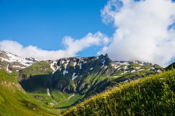Beautiful picture of a green mountaintops with a little snow — Stock Photo, Image