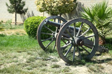 Eski top silahları. Eski top yazın parkta dururdu. yatay çerçeve. Çekirdekleri ateşleyen bir top. Yanan fitil. Eski bir topçu tüfeğinin şimdiki modeli..