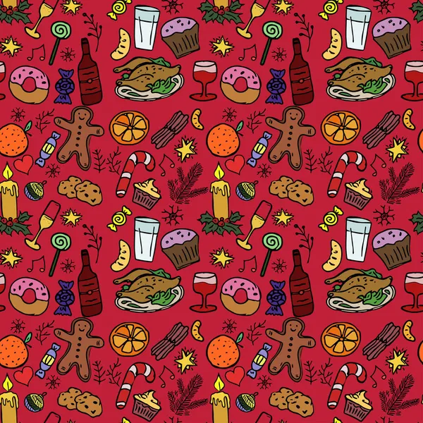 无缝隙圣诞食品样式 圣诞红色背景 — 图库矢量图片