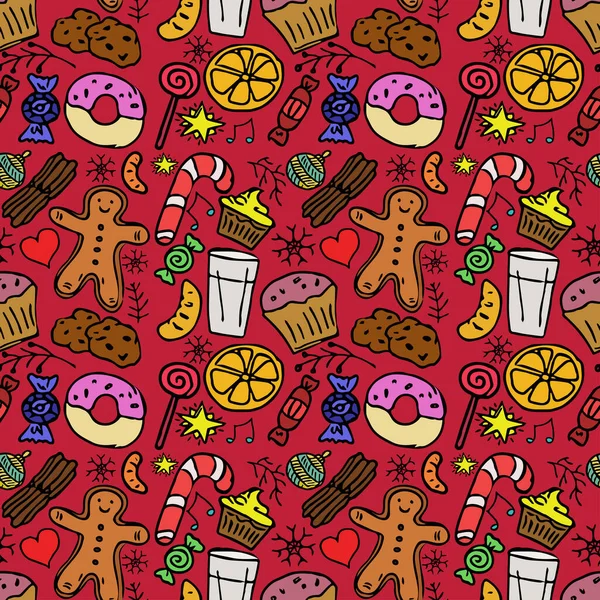 无缝隙的彩色图案与圣诞糖果 红色背景下的Doodle圣诞无缝食品图案 — 图库矢量图片