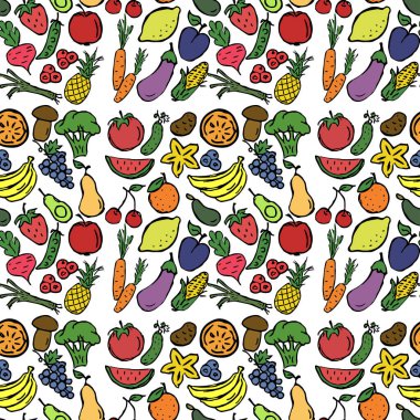 Sebze ve meyve ikonlarıyla renksiz desen. vektör gıda simgeleri