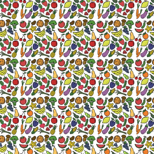 Patrón Inconsútil Color Con Iconos Verduras Frutas Vector Alimentos Iconos — Vector de stock