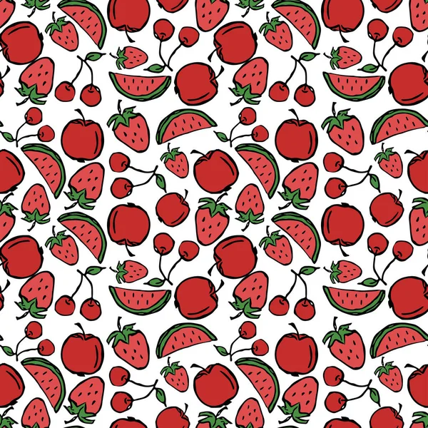 Διανυσματικό Μήλο Κεράσι Καρπούζι Εικόνες Φράουλας Χρωματιστά Απρόσκοπτη Μοτίβο Κόκκινα — Διανυσματικό Αρχείο