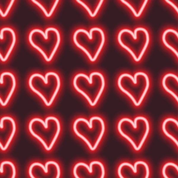 Neon Kalp Deseni Sevgililer Günü Deseni Koyu Arkaplanda Kırmızı Kalpler — Stok Vektör