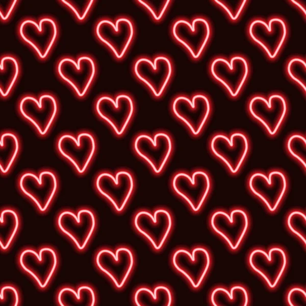 Neon Hartenpatroon Valentijnsdag Patroon Rode Harten Donkere Achtergrond — Stockvector