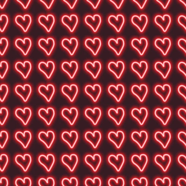 Neon Hearts Pattern Valentine Day Pattern Red Hearts Dark Background — Stock Vector