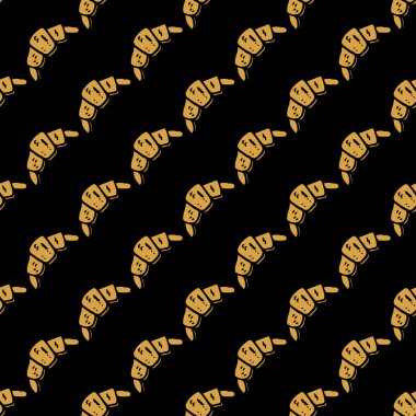 Kruvasan desenli kusursuz bir desen. Siyah arkaplanda kruvasan simgeleri olan Doodle vektörü