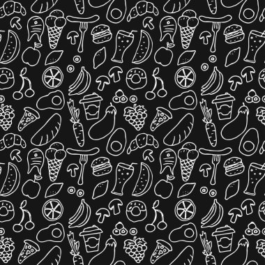 Siyah arkaplanda yemek simgeleri olan kusursuz bir desen. Yemek vektör illüstrasyonunu karala. Gıda simgeleriyle klasik desen, projeniz için tatlı elementler arka planı