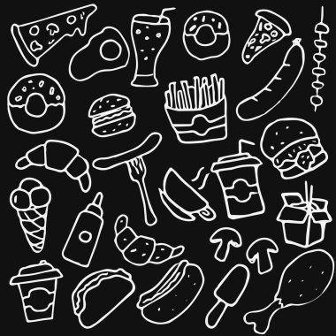 Fast food seti ikonları, fast food geçmişi. Fast food ikonları karala. Yiyecek simgeleri siyah arkaplanda. El boğma vektörü fast food simgeleri