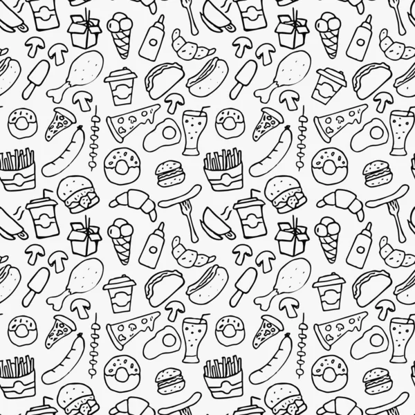  Fast food seti ikonları, fast food geçmişi. Fast food ikonları karala. Yemek simgeleriyle kusursuz desen. Beyaz arka planda yemek simgeleri. Fast food simgeleriyle el boğma vektör deseni