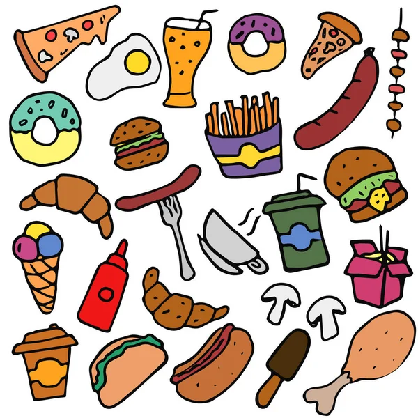 Ícones Coloridos Doodle Fast Food Fundo Com Ícones Comida Mão — Vetor de Stock