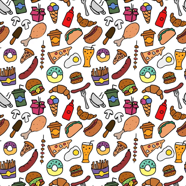 Gekleurde Doodle Fast Food Iconen Achtergrond Met Voedsel Pictogrammen Hand — Stockvector