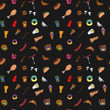 Renkli fast food ikonları. Yemek simgeleriyle donatılmış. Fast food simgeleriyle el boğma vektörü çizimi