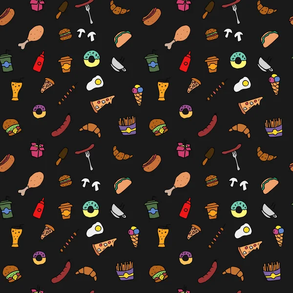 Ícones Coloridos Doodle Fast Food Fundo Com Ícones Comida Mão — Vetor de Stock