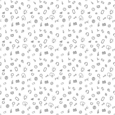 İşletme simgeleriyle kusursuz desen. Beyaz arka planda iş simgeleri olan karalama vektörü. Eski iş simgeleri, projeniz için tatlı elementler arkaplanı