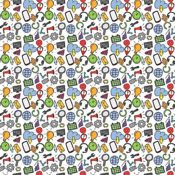 İş ve teknoloji simgeleriyle renksiz karalama desenleri. Beyaz arka planda iş simgeleri olan karalama vektörü. Eski teknoloji simgeleri, projeniz için tatlı elementler arkaplanı