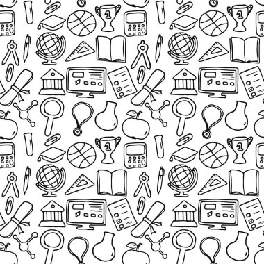 Eğitim simgeleriyle kusursuz vektör deseni. Eğitimli karalama vektörü ve beyaz arka planda okul simgeleri. Klasik eğitim modeli