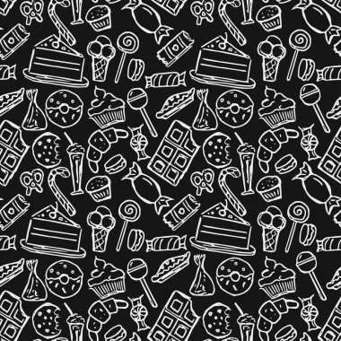 Şekerlerle kusursuz desen. Siyah arkaplanda tatlılar olan karalama vektörü. Klasik tatlılar illüstrasyonu, tatlı elementler projeniz, menünüz, kafe dükkanınız için arka plan