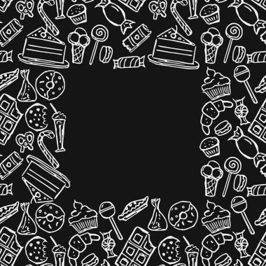 Metin için yeri olan kusursuz tatlı kalıpları. Siyah arkaplanda tatlılar olan karalama vektörü. Klasik tatlılar illüstrasyonu, tatlı elementler projeniz, menünüz, kafe dükkanınız için arka plan