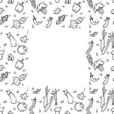 Metin için yeri olan kusursuz vejetaryen yemek kalıbı. Beyaz arka planda vejetaryen yemek ikonları olan Doodle vektörü. Klasik vejetaryen yemek çizimi