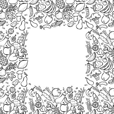 Metin için yeri olan kusursuz vejetaryen yemek kalıbı. Siyah arka planda vejetaryen yemek ikonları olan Doodle vektörü. Klasik vejetaryen yemek çizimi