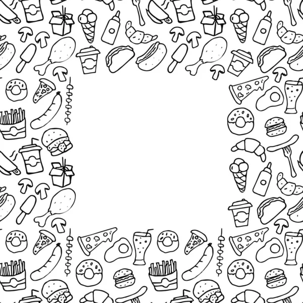 Metin için yeri olan kusursuz fast food kalıpları. Beyaz arka planda fast food ikonları olan Doodle vektörü. Klasik fast food çizimi, tatlı elementler projeniz, menünüz, kafe dükkanınız için arka plan