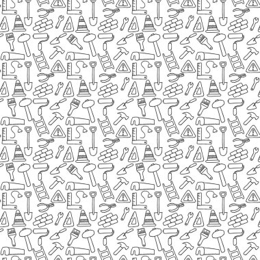 İnşaat simgeleri deseni. İnşaat için aletleri olan kusursuz karalama deseni. Yapı teması üzerine vektör illüstrasyonu