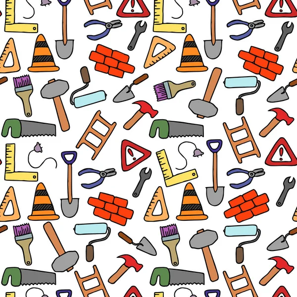 Colored Construction Build Icons Pattern Seamless Doodle Pattern Tools Construction — Stock Vector