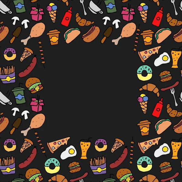 Gekleurde Naadloze Fast Food Patroon Met Plaats Voor Tekst Doodle — Stockvector