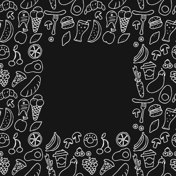 Doodle Vector Food Icons Black Background Seamless Pattern Food Icons — Stock Vector