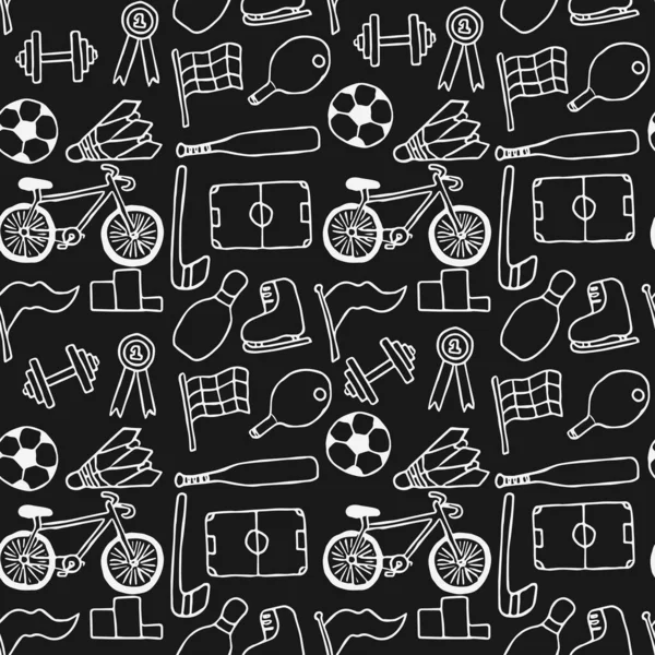 Spor simgeleriyle kusursuz vektör deseni. Siyah arkaplanda spor simgeleri olan karalama vektörü. Klasik spor deseni