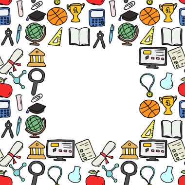 Eğitim simgeleriyle renksiz vektör modeli. Beyaz arkaplanda yazı için yeri olan karalama vektör eğitimi ve okul simgeleri. Klasik eğitim modeli