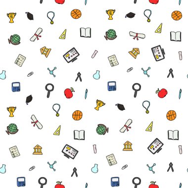 Eğitim simgeleriyle renksiz vektör modeli. Eğitimli karalama vektörü ve beyaz arka planda okul simgeleri. Klasik eğitim modeli