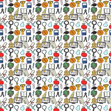 Eğitim simgeleriyle renksiz vektör modeli. Eğitimli karalama vektörü ve beyaz arka planda okul simgeleri. Klasik eğitim modeli