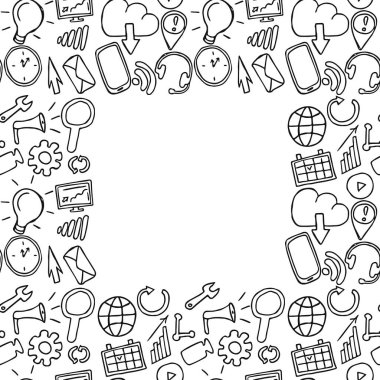 İş ve teknoloji simgeleriyle kusursuz karalama kalıpları. Metin için yeri olan beyaz arkaplan üzerindeki Doodle vektör iş simgeleri