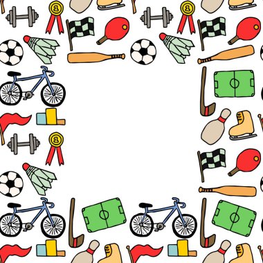 Metin için yeri olan renksiz vektör spor simgeleri. Beyaz arka planda spor simgeleri olan karalama vektörü. Klasik spor deseni