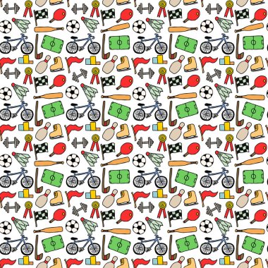 Spor simgeleriyle renksiz vektör deseni. Beyaz arka planda spor simgeleri olan karalama vektörü. Klasik spor deseni