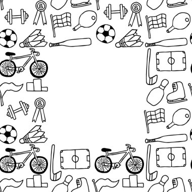 Metin için yeri olan kusursuz vektör spor simgeleri. Beyaz arka planda spor simgeleri olan karalama vektörü. Klasik spor deseni