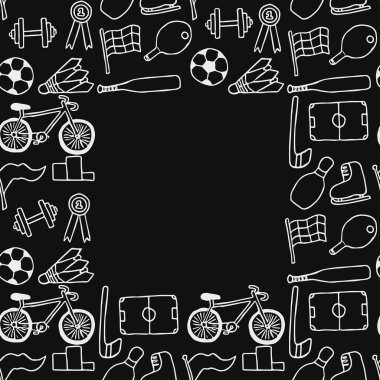 Metin için yeri olan kusursuz vektör spor simgeleri. Siyah arkaplanda spor simgeleri olan karalama vektörü. Klasik spor deseni