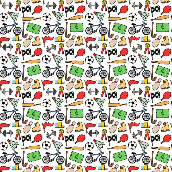 Spor simgeleriyle renksiz vektör deseni. Beyaz arka planda spor simgeleri olan karalama vektörü. Klasik spor deseni