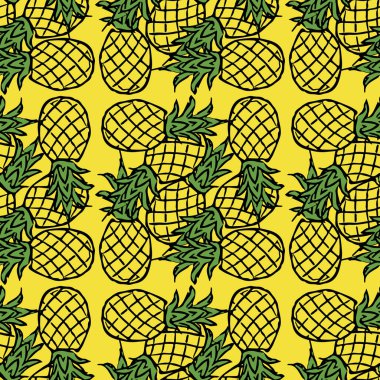 Kusursuz ananas deseni. Sarı zemin üzerinde ananas simgeleri olan vektör çizimi. Klasik ananas deseni