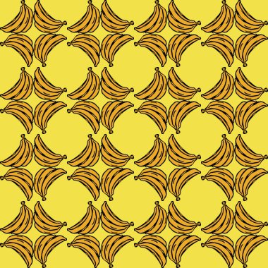 Kusursuz muz deseni. Sarı zemin üzerinde muz simgeleri olan karalama vektörü. Klasik muz deseni