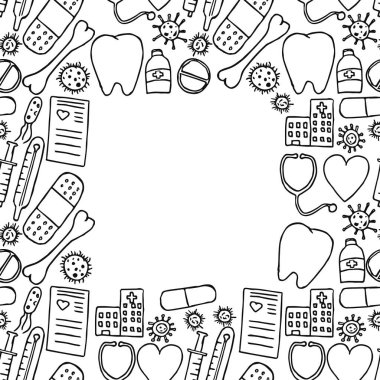 Metin için yeri olan kusursuz tıp kalıpları. Beyaz arka planda ilaç ikonları olan karalama vektörü. Eski ilaç simgeleri