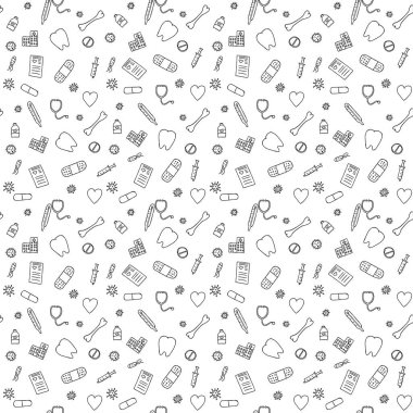 Tıbbın temasında ikonlar olan kusursuz desenler. Beyaz arka planda ilaç ikonları olan Doodle vektörü. Eski tıp simgeleri